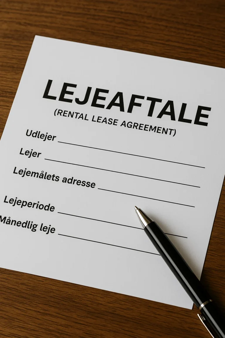 En lejekontrakt med felter til udlejer, lejer, lejemålets adresse, lejeperiode og månedlig leje, liggende på et træbord sammen med en sort kuglepen.